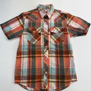 Old Navy Boys Plaid Short Sleeve Western Pearl Snap Shirt Size Large Blue Orange